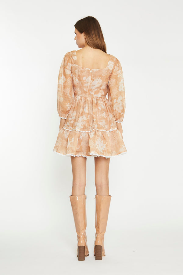 Glamorous Tan White Floral Tiered Mini-Dress