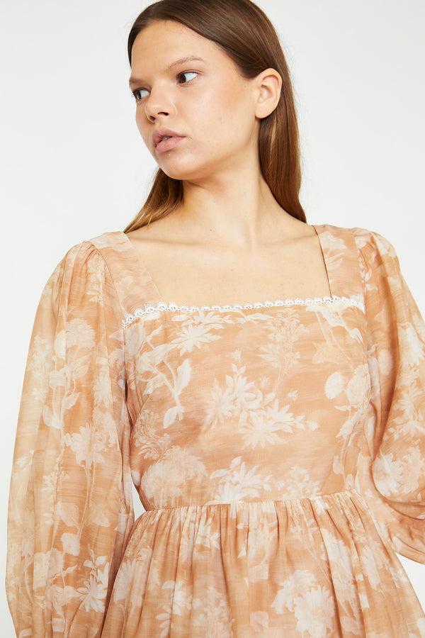 Glamorous Tan White Floral Tiered Mini-Dress