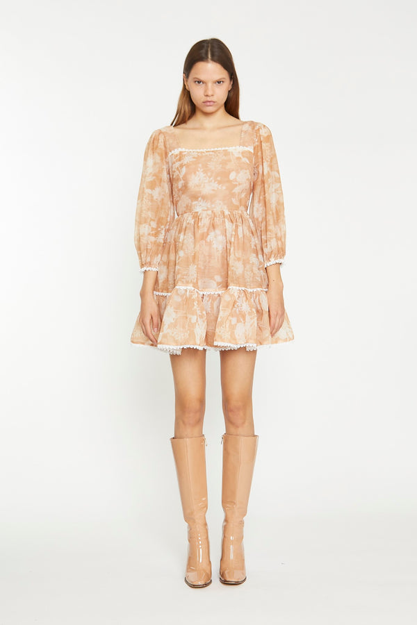 glamorous Tan White Floral Tiered Mini-Dress