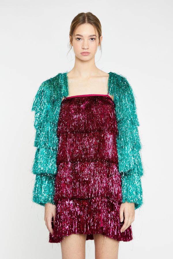 glamorous Teal Tinsel Fringe Jacket