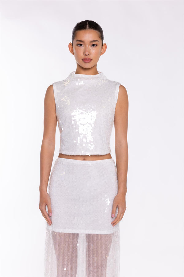 Glamorous Transparent-Sequin Boat-Neck Crop-Top