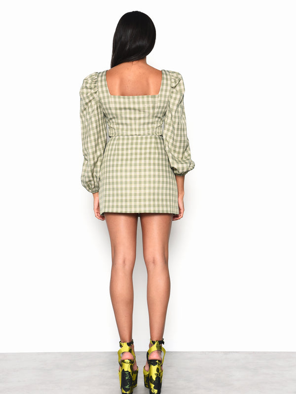 Glamorous Glamorous Turquoise Multi Check Puff Sleeve Square Neck Crop Top