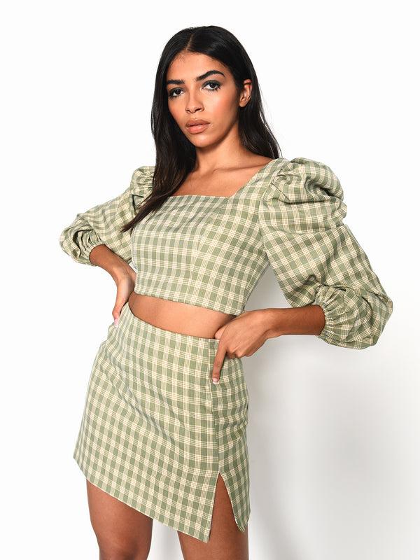 glamorous Glamorous Turquoise Multi Check Puff Sleeve Square Neck Crop Top