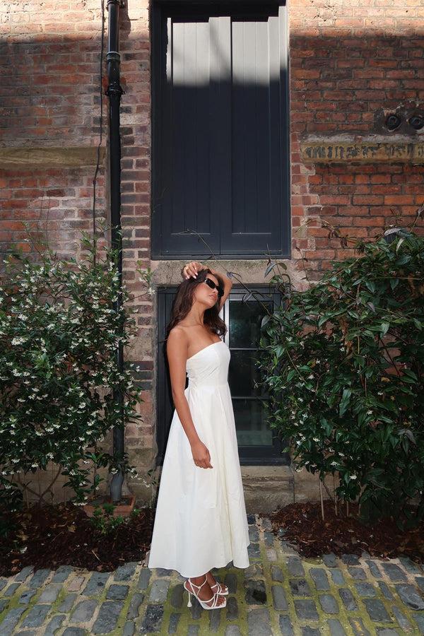 Glamorous Vanilla Bandeau-Pleated Maxi-Dress