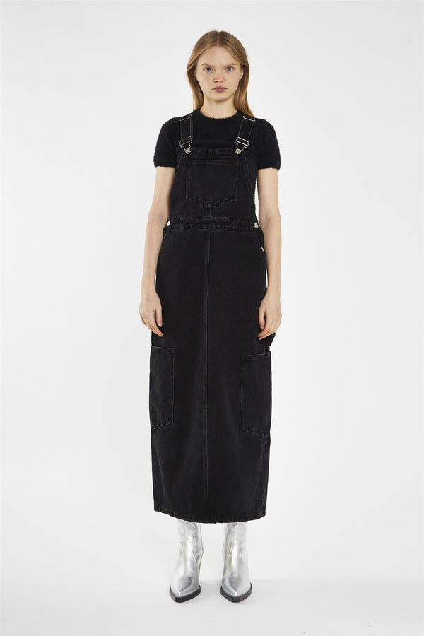 glamorous Washed-Black Denim Dungaree Midi-Dress