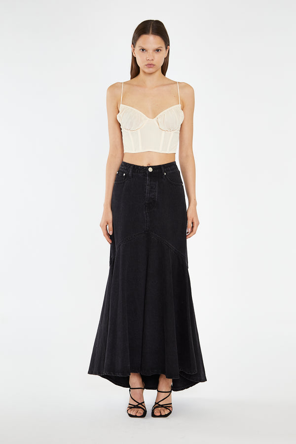 glamorous Washed Black Denim Fishtail Maxi-Skirt