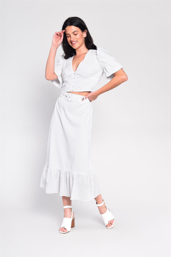 glamorous White Belted Midi-Skirt