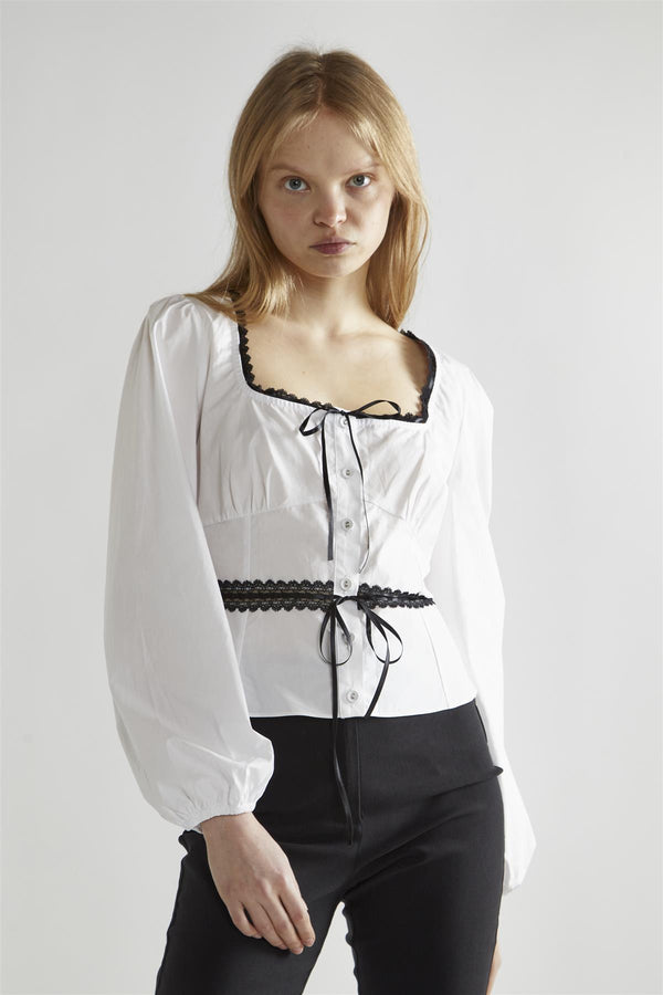 Glamorous White-Black Square-Neck Long-Sleeve Top