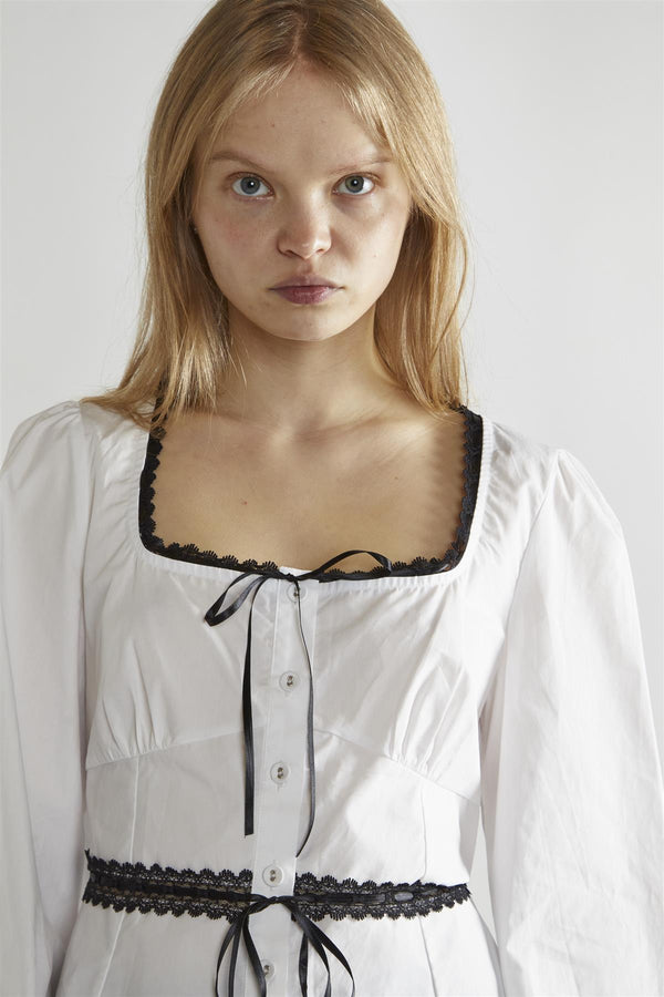 Glamorous White-Black Square-Neck Long-Sleeve Top