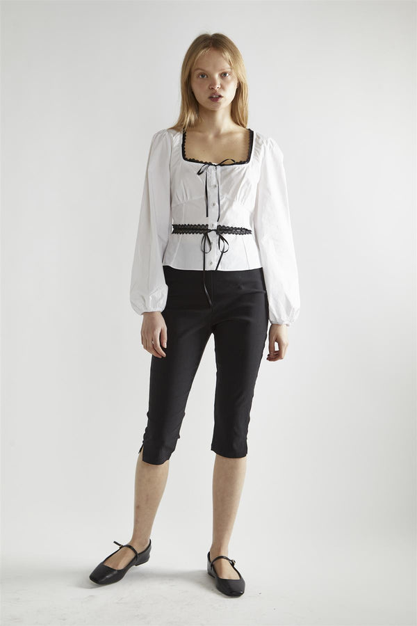 glamorous White-Black Square-Neck Long-Sleeve Top