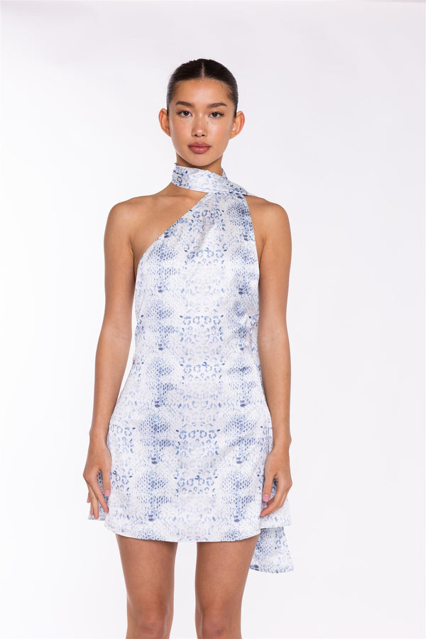 Glamorous White-Blue Animal Sash Neck Mini-Dress