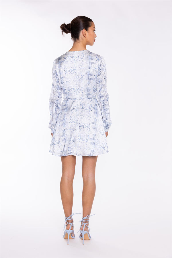 Glamorous White-Blue Animal V-Neck Mini-Dress