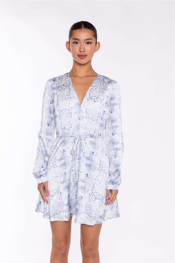 Glamorous White-Blue Animal V-Neck Mini-Dress
