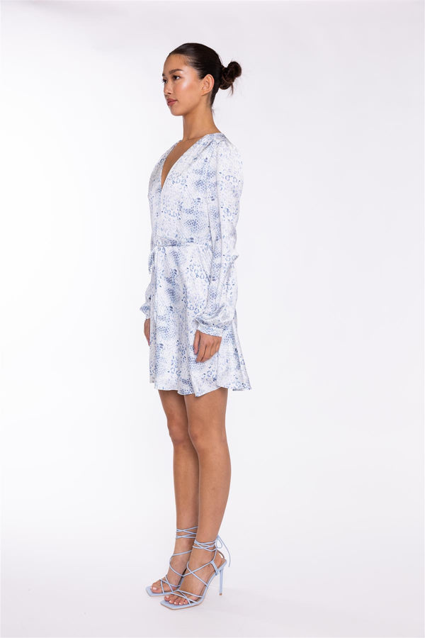 Glamorous White-Blue Animal V-Neck Mini-Dress