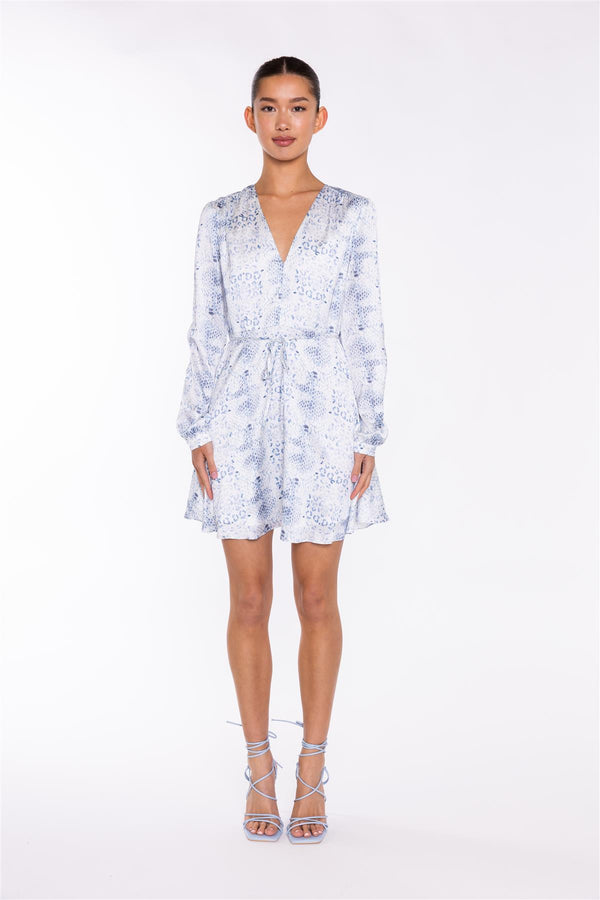 glamorous White-Blue Animal V-Neck Mini-Dress