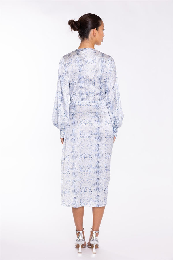 Glamorous White-Blue Animal Wrap Midi-Dress
