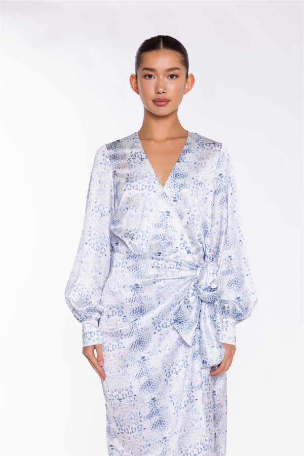 Glamorous White-Blue Animal Wrap Midi-Dress