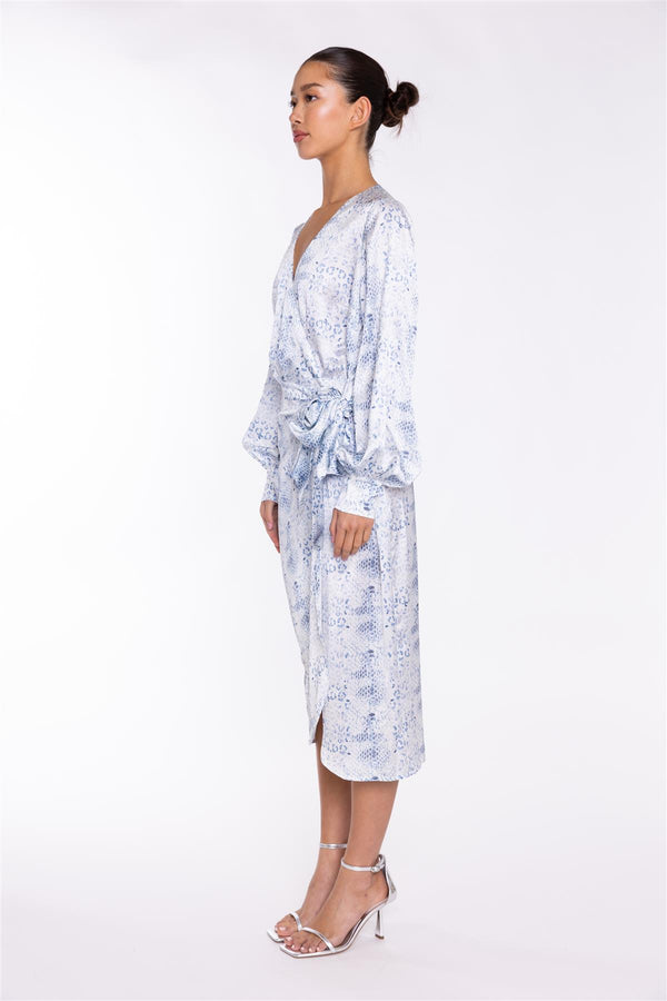 Glamorous White-Blue Animal Wrap Midi-Dress