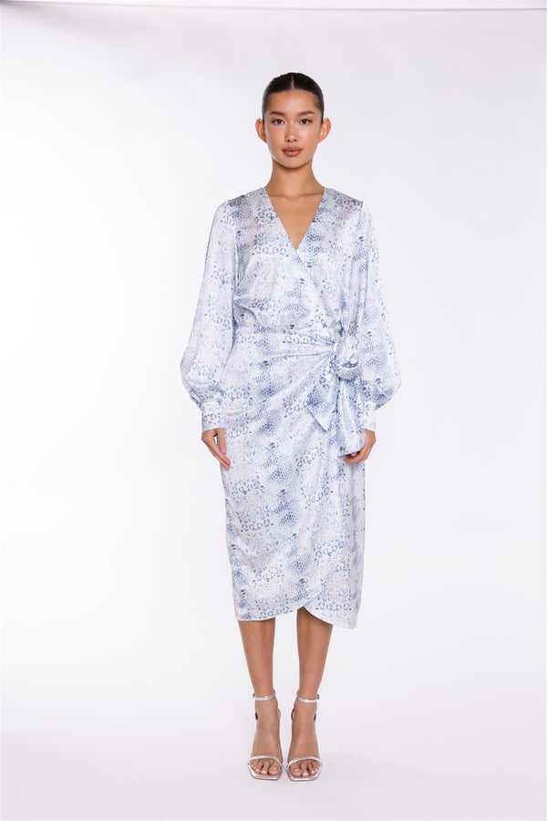 glamorous White-Blue Animal Wrap Midi-Dress