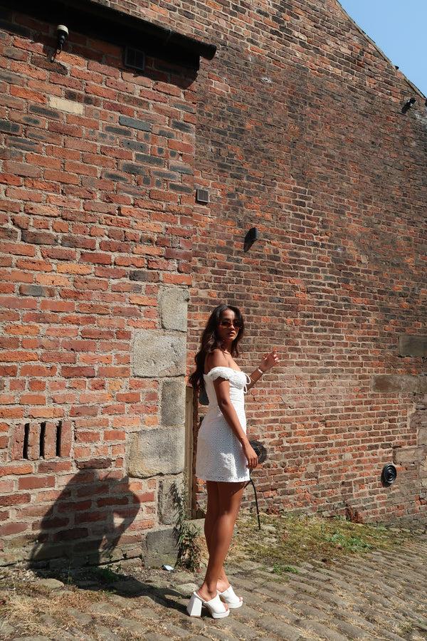 Glamorous White-Broderie Bardot Corset Mini-Dress