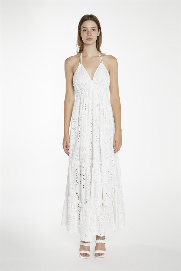 glamorous White-Broderie Halterneck Maxi-Dress