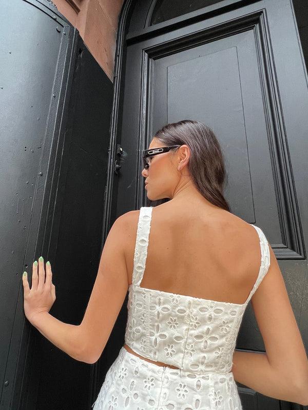 Glamorous White Broderie Lace-up Corset -Top