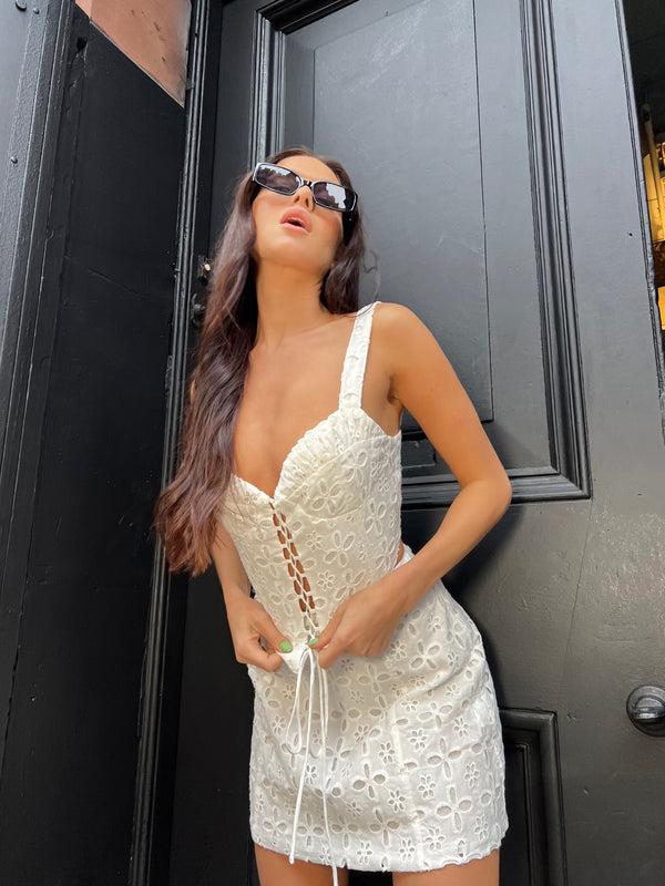 Glamorous White Broderie Lace-up Corset -Top