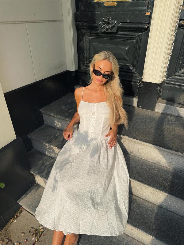 Glamorous White Broderie Pleated Maxi-Dress