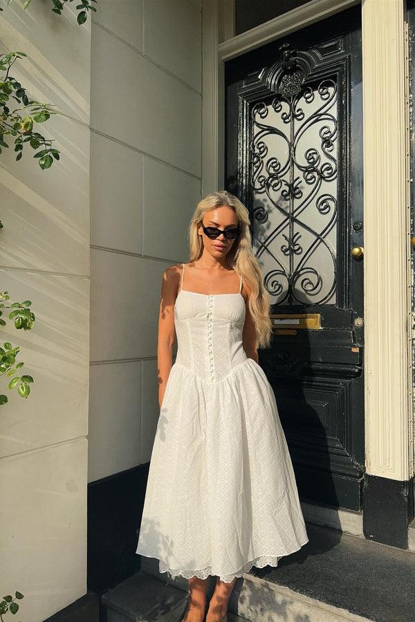 glamorous White Broderie Pleated Maxi-Dress