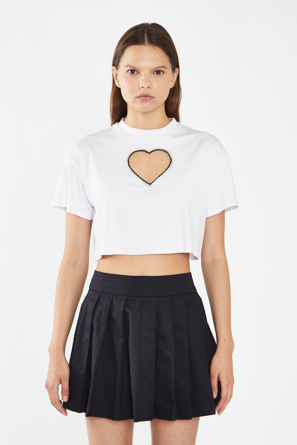 Glamorous White Embellished Heart Cut-Out Crop-Top