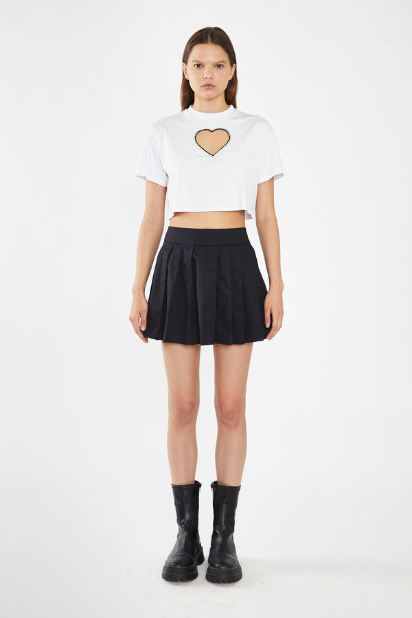 glamorous White Embellished Heart Cut-Out Crop-Top
