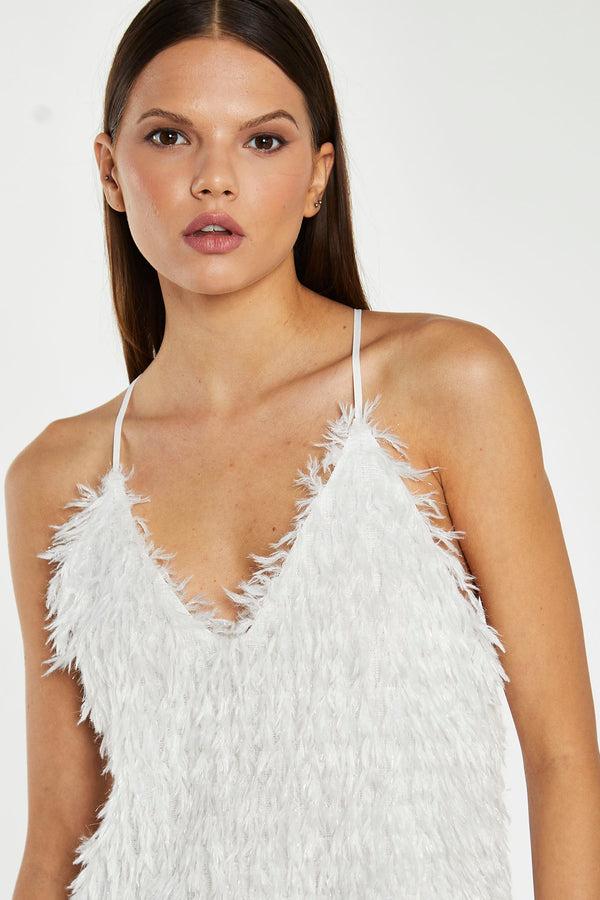 Glamorous White Glitter Fringe Mini-Dress