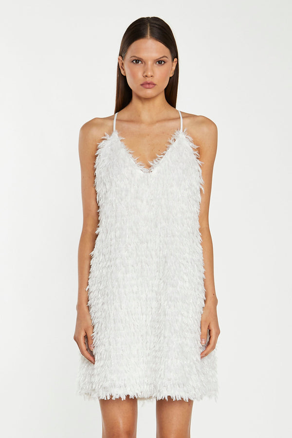 Glamorous White Glitter Fringe Mini-Dress