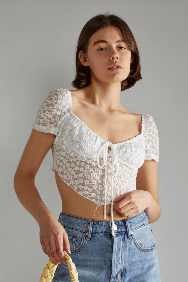 Glamorous White Lace Milkmaid Hanky Hem-Top