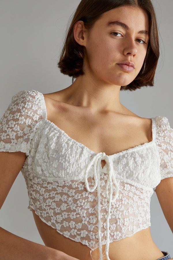 Glamorous White Lace Milkmaid Hanky Hem-Top