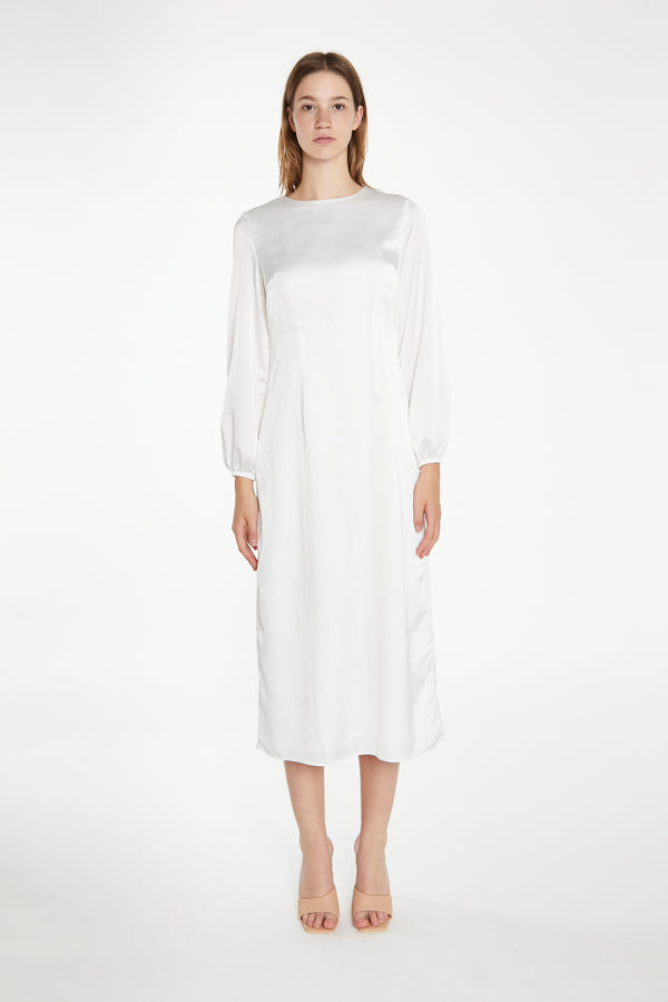 glamorous White Long-Sleeve Midi-Dress