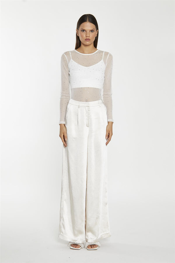 glamorous White-Mesh Diamante Classic-Bodysuit