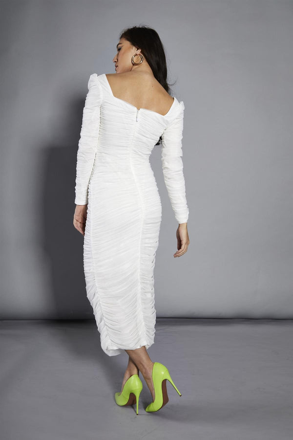 Glamorous White-Mesh Gathered Maxi-Dress