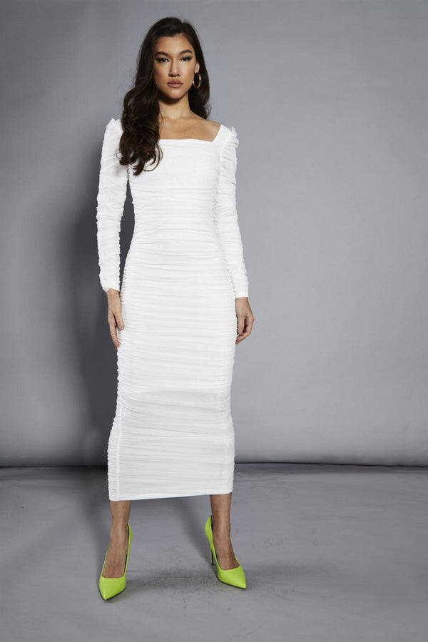 glamorous White-Mesh Gathered Maxi-Dress