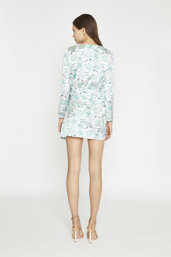 Glamorous White-Mint Paisley Satin Wrap Mini-Dress
