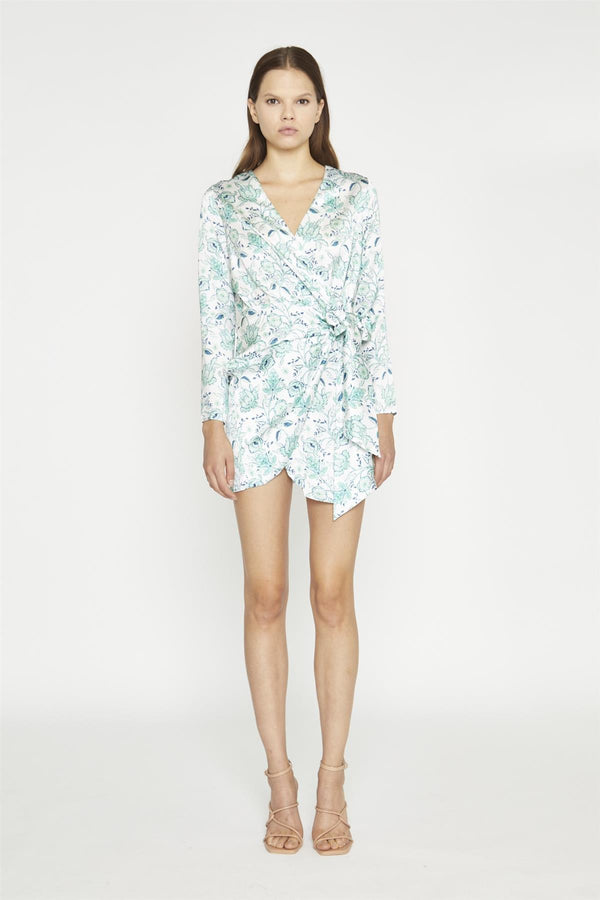 glamorous White-Mint Paisley Satin Wrap Mini-Dress