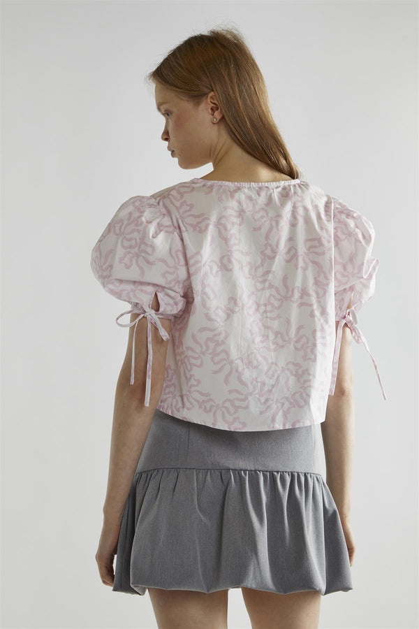 Glamorous White-Pink Bow Tie-Front Top