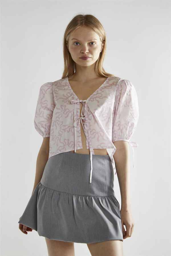 Glamorous White-Pink Bow Tie-Front Top