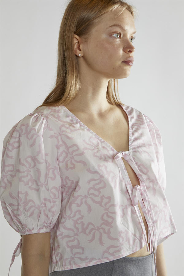 Glamorous White-Pink Bow Tie-Front Top