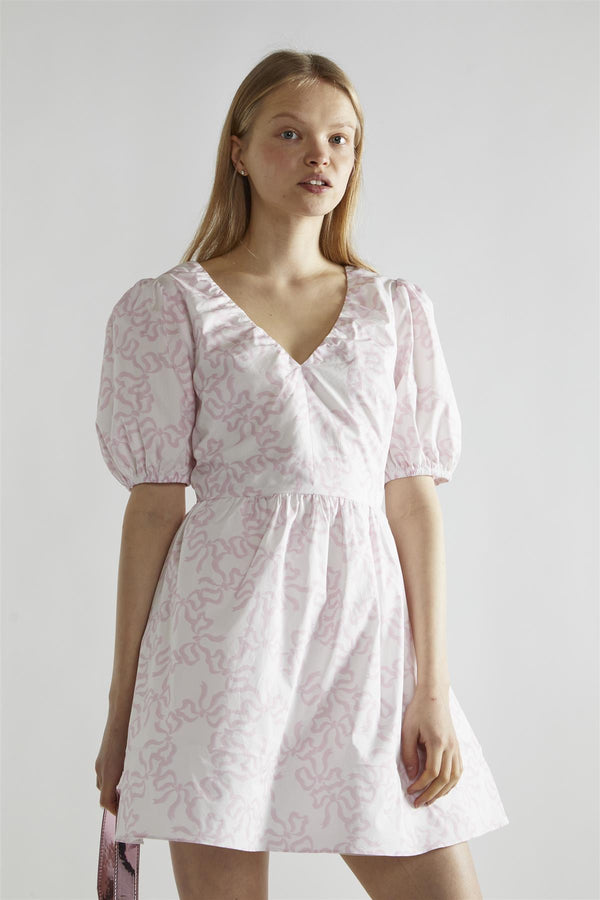 Glamorous White-Pink Bow V-Neck Mini-Dress