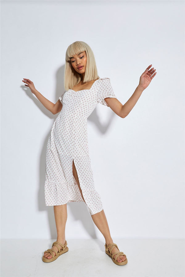 Glamorous White Pink Cluster Side Split Midi Dress