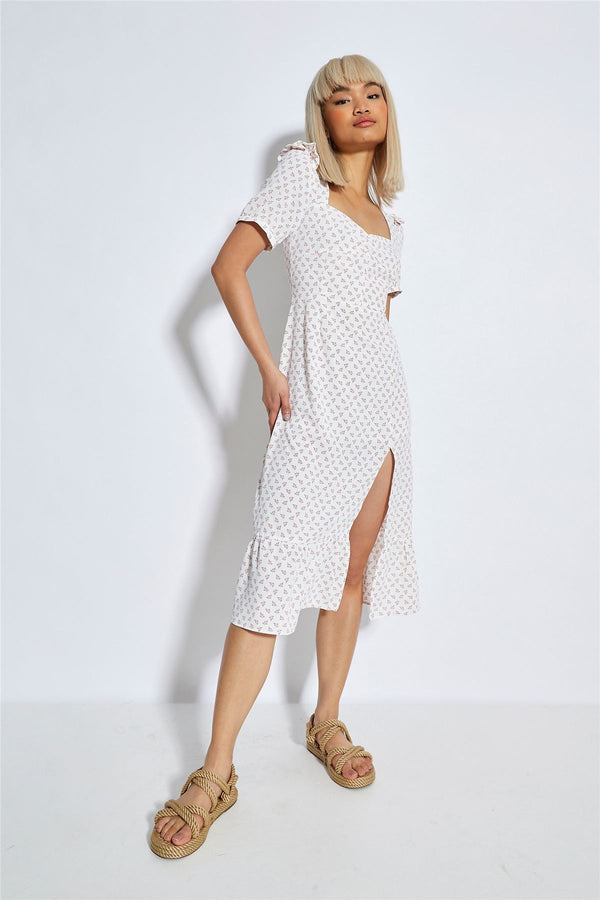 glamorous White Pink Cluster Side Split Midi Dress