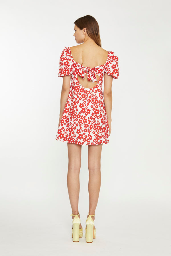 Glamorous White-Red Flower Tie-Back Mini Dress