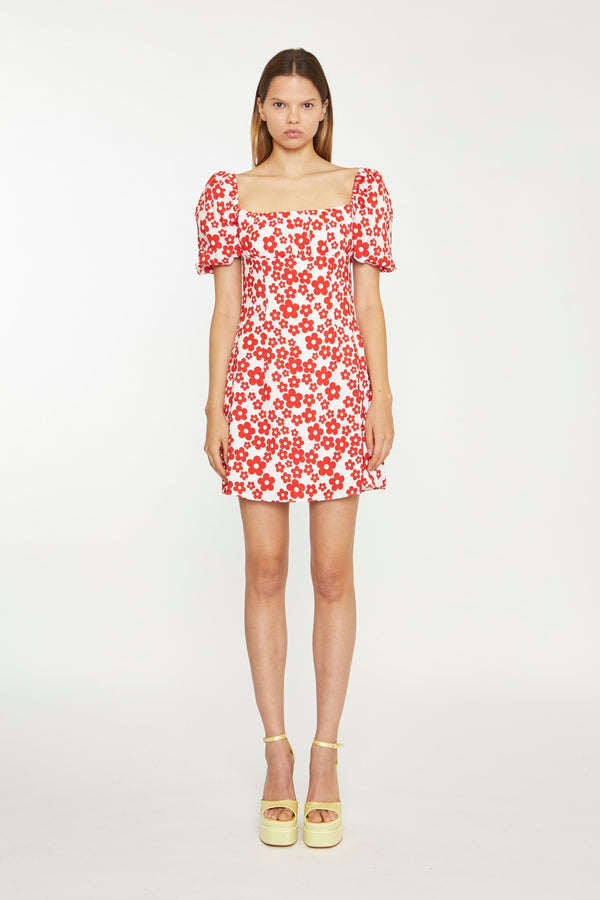 Glamorous White-Red Flower Tie-Back Mini Dress