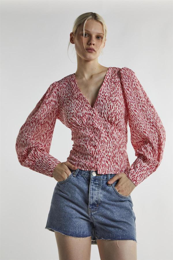 Glamorous White Red Print Long Sleeve-Top